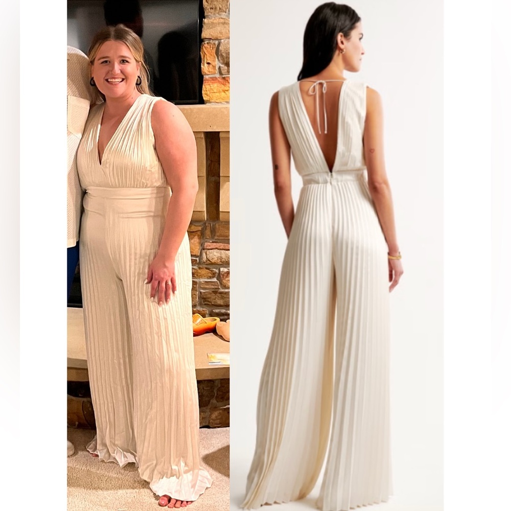 Abercrombie & Fitch Cream Pleated V-Neck Jumpsuit